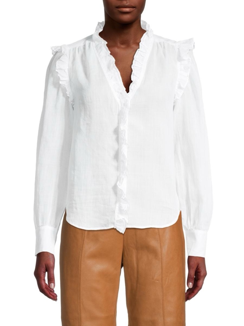 Frame White Ruffle V-Neck Long-Sleeve Women's Top - L